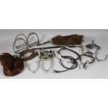 Various riding equipment, whip, part stirrups, 14cm high, a foxtail brush, with wooden end, etc. (