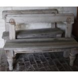 A pair of pine ecclesiastical style benches, of good proportion, the shaped backs set with floral