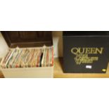 Queen The Complete Works record box set with associated ephemera, and a case containing various 45s.