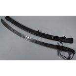 A 19thC cavalry sword, with wide plain metal curved blade, iron hand guard and turned handle, with
