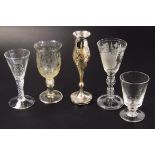 Various drinking glasses, comprising a ceremonial drinking glass, with heavy bell shaped bowl with