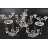 Various glass candlesticks, two branch etched example, 22cm wide, etc., others similar (a quantity)