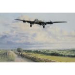 After Robert Taylor. Early Morning Arrival, print, signed by various pilots, etc., 43cm x 66cm.