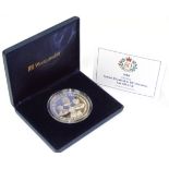 A Queen Elizabeth II 80th birthday 5oz silver medallion coin, showing four portraits, 7cm dia. boxed