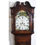 A 19thC oak and mahogany country 8 day longcase clock, the swan neck pedimented hood enclosing a