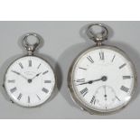 A Victorian silver open faced pocket watch, key wind, and another. (2)