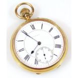 An 18ct gold gentleman's open faced pocket watch, the 5cm dia. Roman numeric dial, with subsidiary