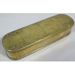 A 19thC Continental brass spectacles case, of oblong outline chased with motto and other decoration,