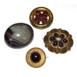 Four Victorian brooches, to include a memorial brooch with purple set capital Bs with central