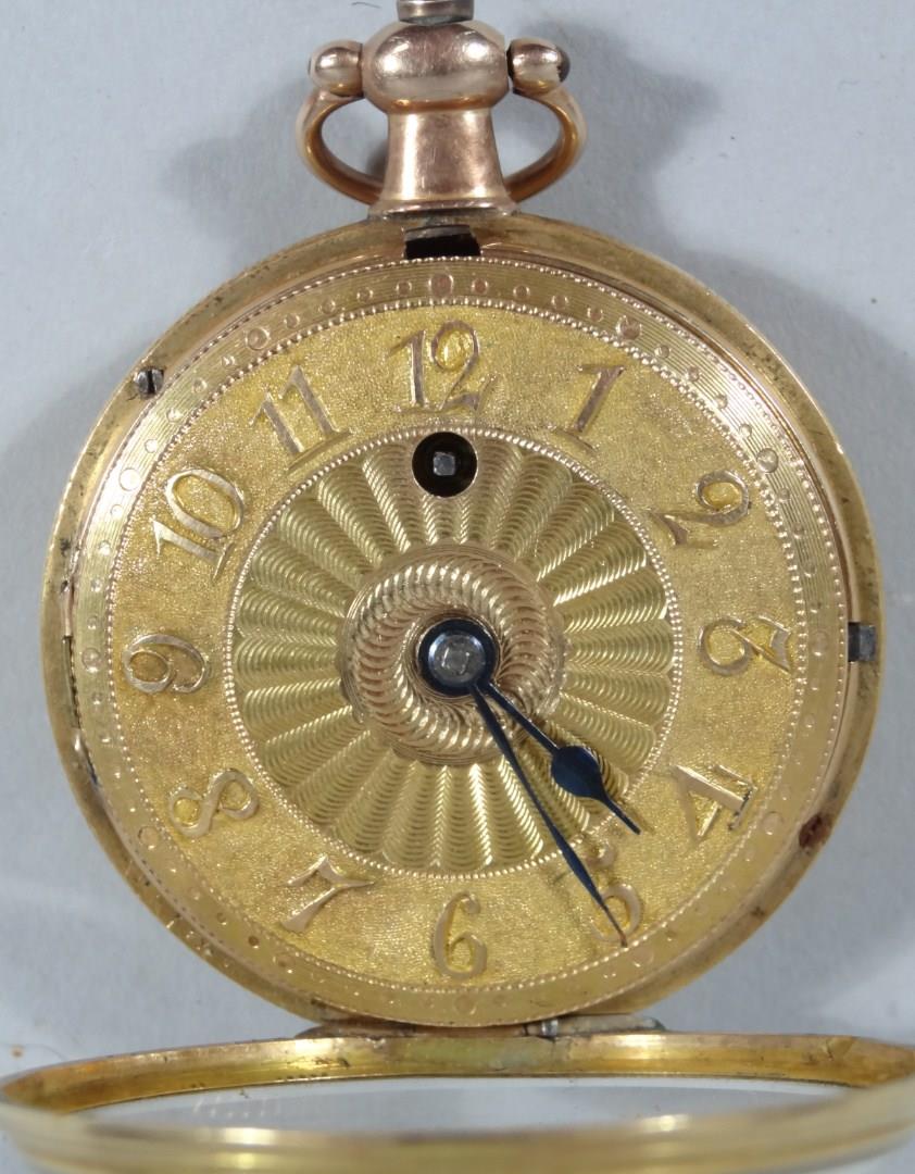 An 18ct gold open faced pocket watch, the fancy Arabic dial with gilt coloured back plate and - Image 2 of 3