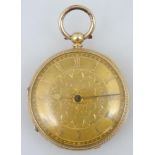 An 18ct gold open faced fob watch, with Roman numeric fancy 4cm dia. dial, baton pointers and an
