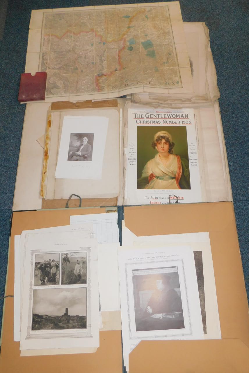 Victorian plates and book illustrations, contained in two portfolios, and a 19thC map.