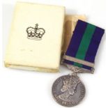 A GSM Elizabeth II medal, with Malaysia clasp and ribbon, marked 1447228 CPL A E Boden R E, with