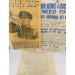 Three WWI recruiting posters; Your King & Country Need You - Another 100,000 Men Wanted',