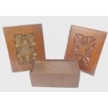 A 19thC oak candle box, and two Victorian oak fretwork panels (3)