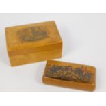 A Victorian Mauchline ware sycamore snuff box, decorated to the lid with a hunting scene, 7.5cm