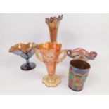 A group of carnival glass, including vases, bowls and sweetmeat dishes, (qty).