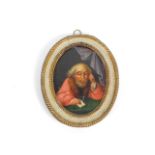 An 18thC portrait miniature, of a miser seated at a table with a pen and paper, oil on copper,