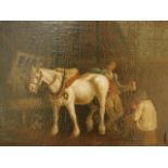 After George Morland (1763-1804). Figures in a stable, oil on canvas, 34.5cm x 43cm.