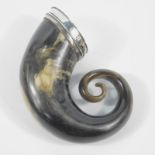 A George IV Scottish horn snuff mull, in polished black and cream with a plain silver neck and