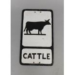 A cast iron black and white rectangular 'Cattle' sign, Branco Signs Ltd, 54cm x 31cm.