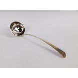 A George III silver ladle, possibly William Stroud, Old English pattern with Baines family crest,