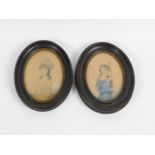 A pair of small 18thC portraits, of a young gentleman in a blue coat holding a musket and a young