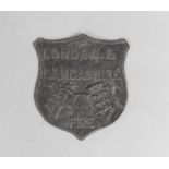 A reproduction London & Lancashire Fire lead shield shaped insurance plaque, cast with two