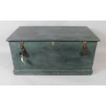 A painted pine silver chest, with iron hinged and straps, later painted green, 130cm wide