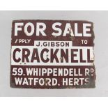 A J Gibson Cracknell for Sale brown and white rectangular advertising sign, 59 Whippendell Road,