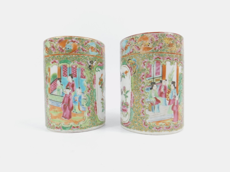 A pair of 19thC Cantonese vases, each squat cylindrical body decorated with panels of figures, - Image 2 of 2