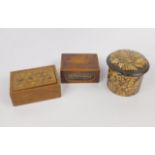 A Victorian parquetry lidded wooden box, 9cm long, wooden pot and cover with printed fern