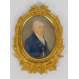 English School (early 19thC). Portrait of a gentleman in a blue jacket, half length miniature, 5.5cm