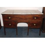 A George III mahogany sideboard, with a white marble rectangular top, above one long and two short