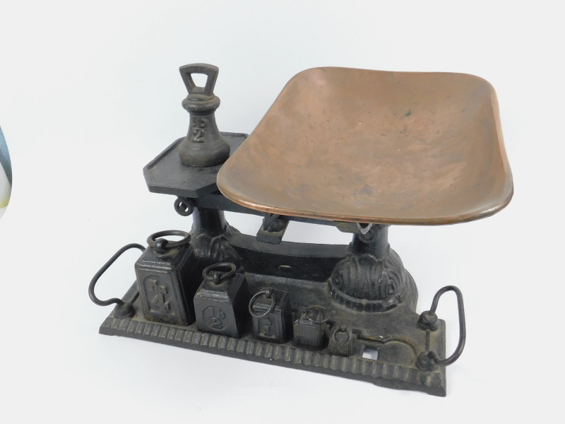 A Victorian cast iron pan balance, and assorted weights