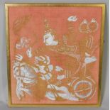 A 20thC Thai screen print, of a warrior and chariot, on coral material, 47cm x 51cm