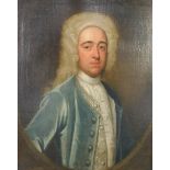 18thC English School. Half length portrait of Timothy Mortimer, wearing a long powdered wig and blue