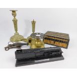 A Sherwoods paraffin heater, ebony and porcupine quill box, 21cm x 15cm x 8.5cm, pair of brass
