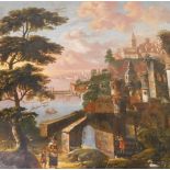 18thC Continental School. Panoramic view of a coastal town with figures in a boat and figures and