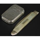 Two items of small silver, a Victorian engraved small vesta case with vacant cartouche and a