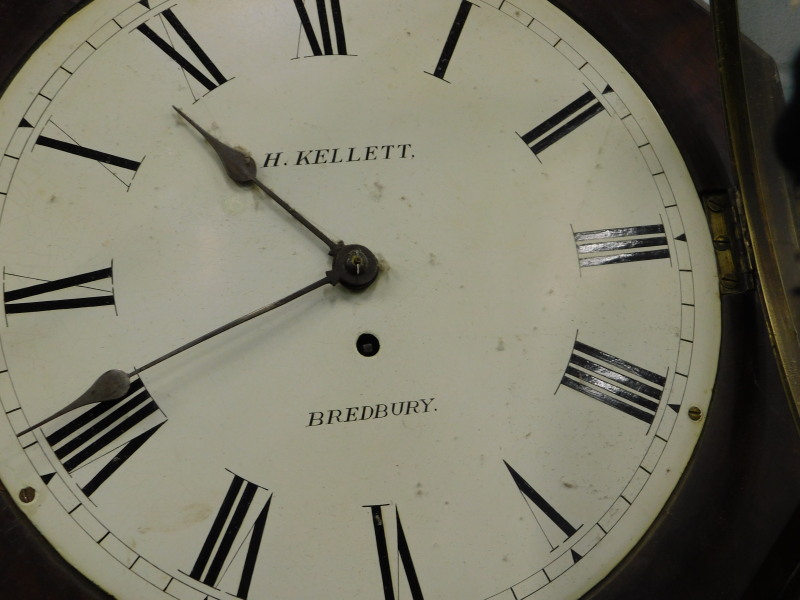 H. Kellett, Bradbury. A late 19thC drop dial wall clock, the figured mahogany case carved with - Bild 2 aus 4