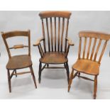 A 19hC lathe back open Windsor armchair, with a solid seat, on turned legs, a similar side chair and