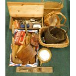 Various bygones etc., to include a pine box, baskets, cricket bat, a gilt cased barometer, accordion