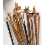 A large quantity of 20thC walking sticks, to include examples with antler handles, decorative dog