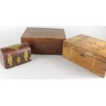 Three boxes, to include a burr yew domed trunk, a workbox and a banded Victorian walnut workbox (3)