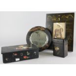 Various items of papier mache and lacquer, to include a mother of pearl inlaid card box, a