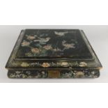 A Victorian lacquered and mother of pearl inlaid workbox, decorated with birds, flowers etc., 36cm