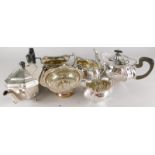 A silver plated three piece tea service, a teapot, rose bowl etc.