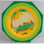 A Clarice Cliff Bizarre pottery plate, Secrets pattern, with octagonal outline, printed marks