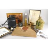 Military items, to include two water bottles, ephemera, trench art, nautical speedometer, prints